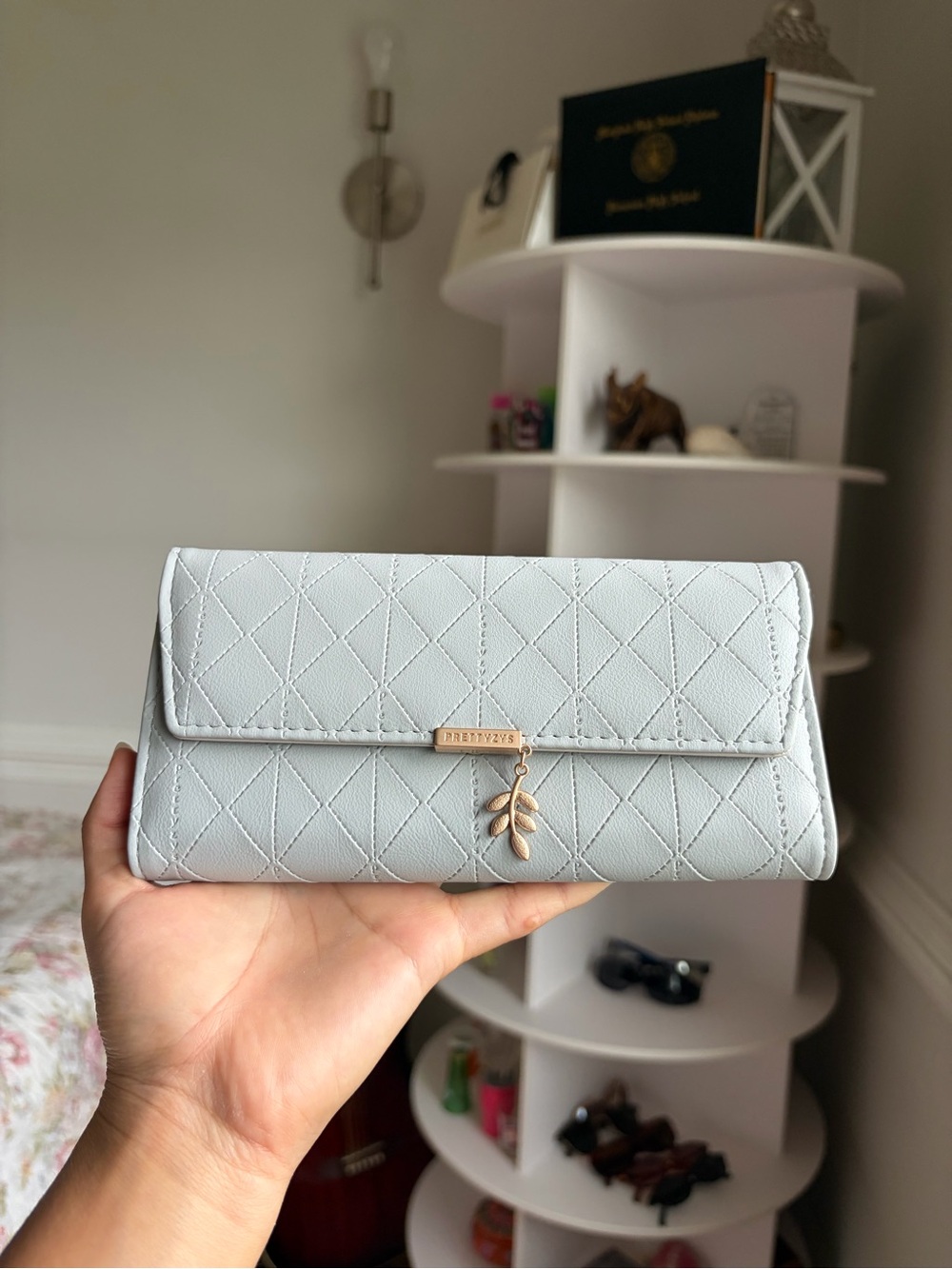 Quilted Light Gray Women's Wallet with Gold Leaf Charm